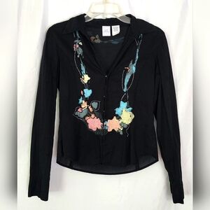 Armani Exchange A/X Graphic Print Snap Front Hi-Lo Fitted Shirt Top Medium NWOT